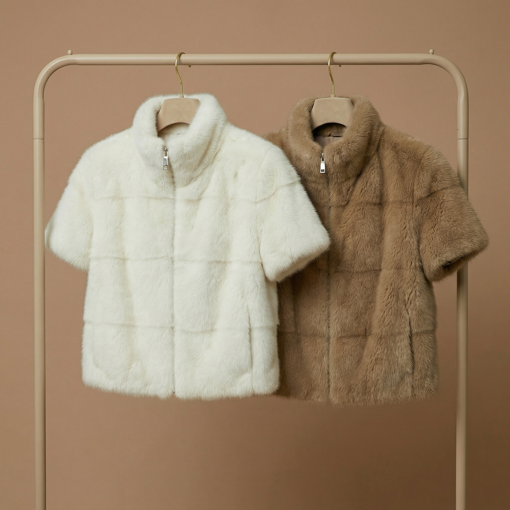 Nola – Faux Fur Short Sleeve Jacket with Zip