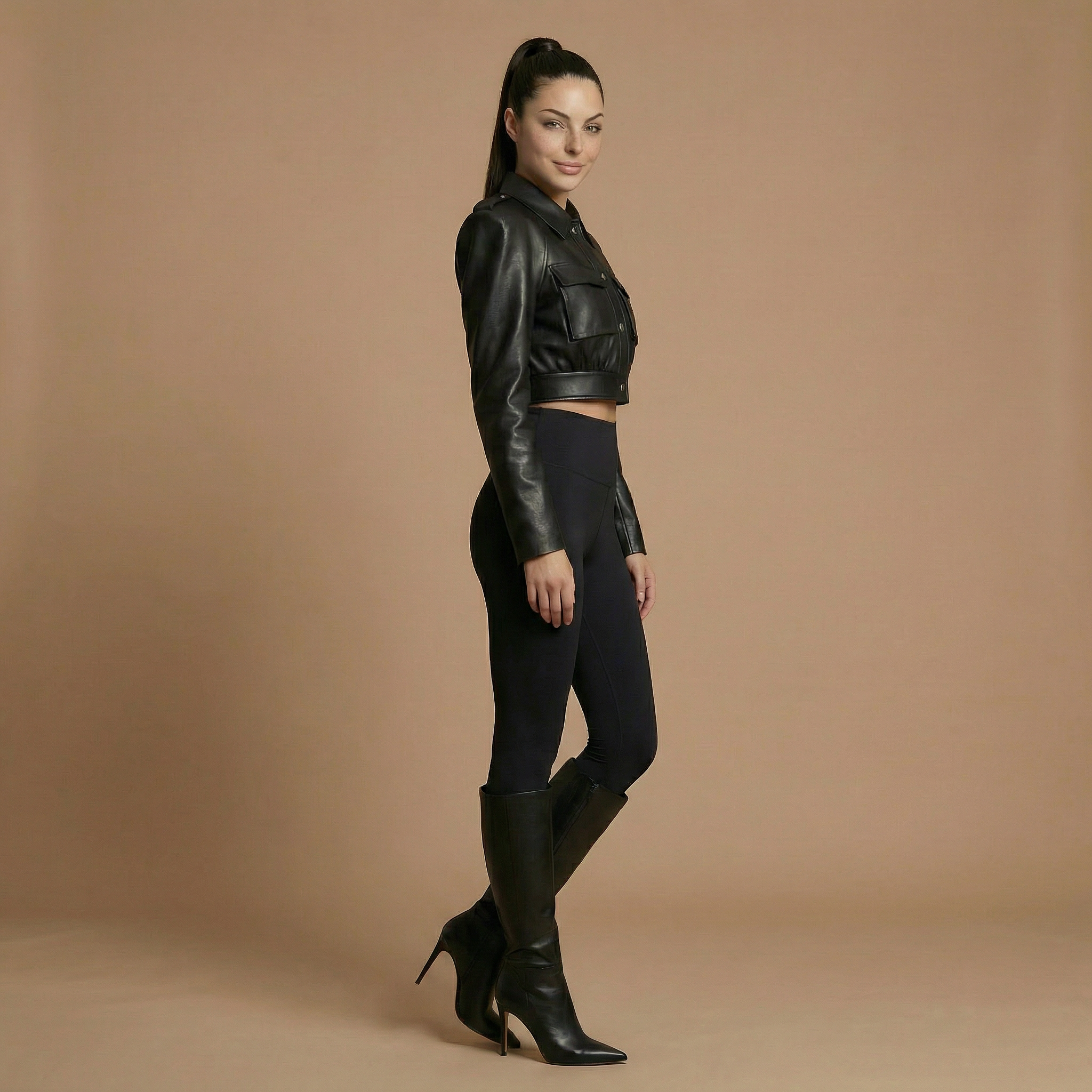 Katy - Black Leather Jacket With Pockets