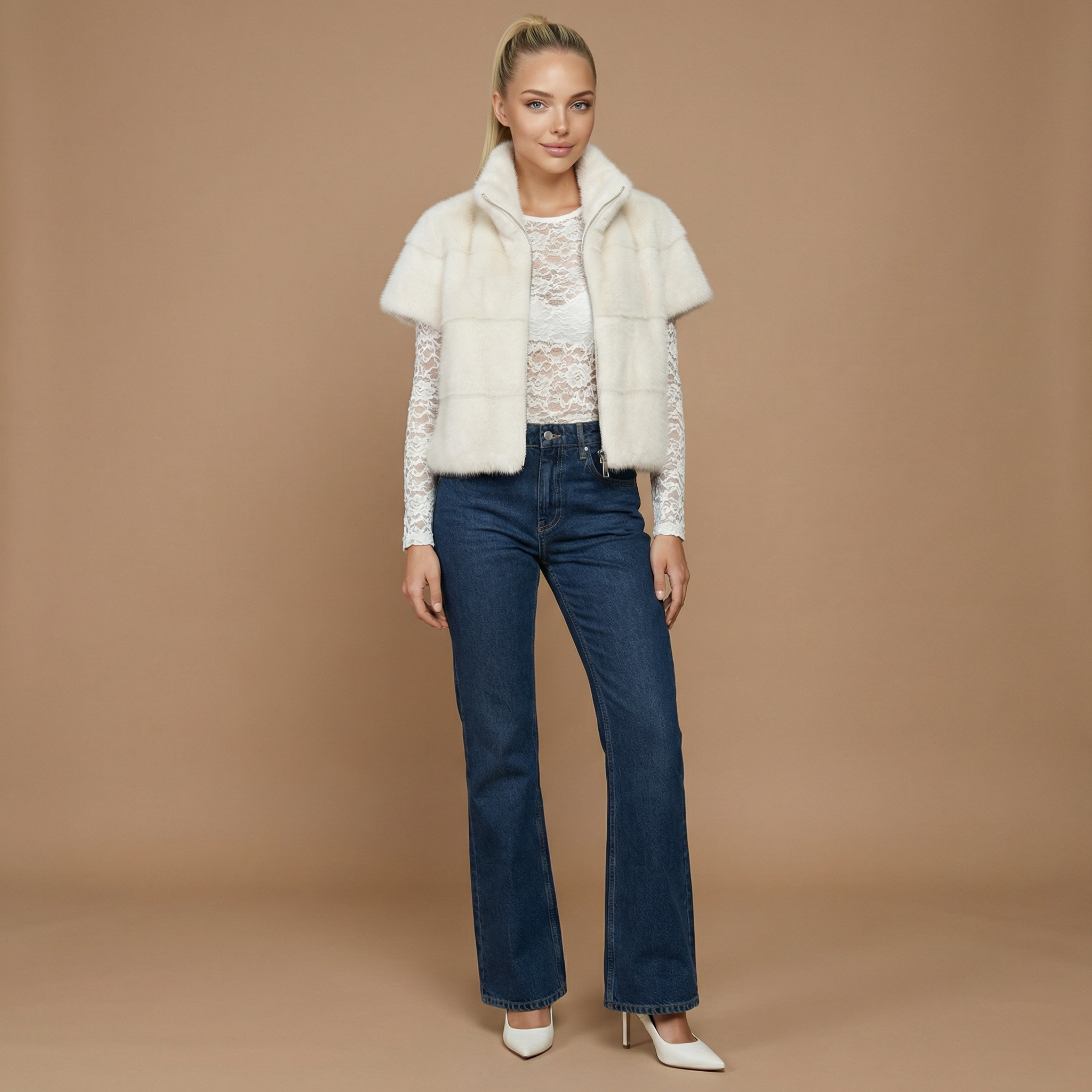 Nola – Faux Fur Short Sleeve Jacket with Zip