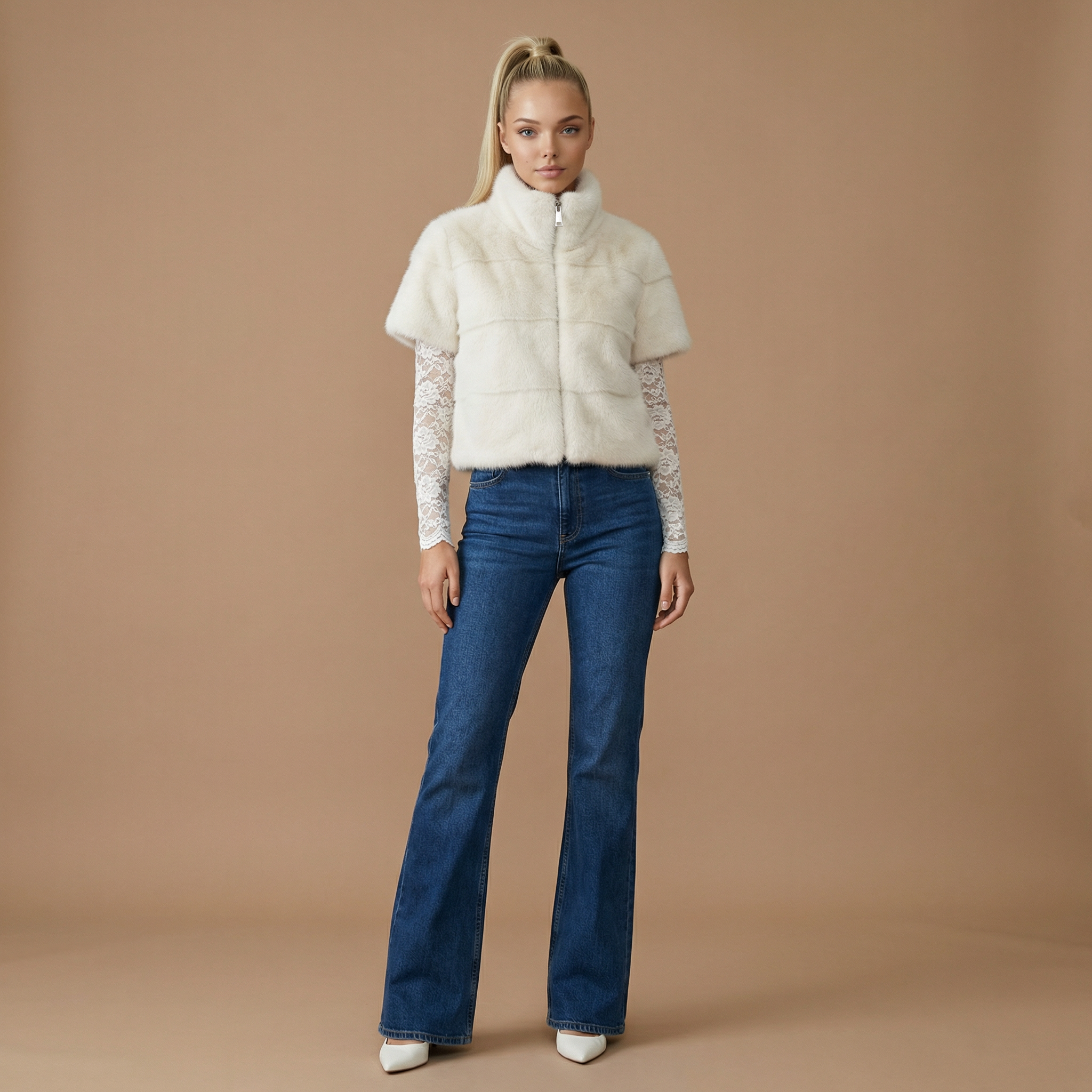 Nola – Faux Fur Short Sleeve Jacket with Zip