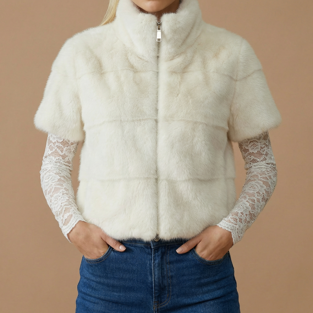 Nola – Faux Fur Short Sleeve Jacket with Zip