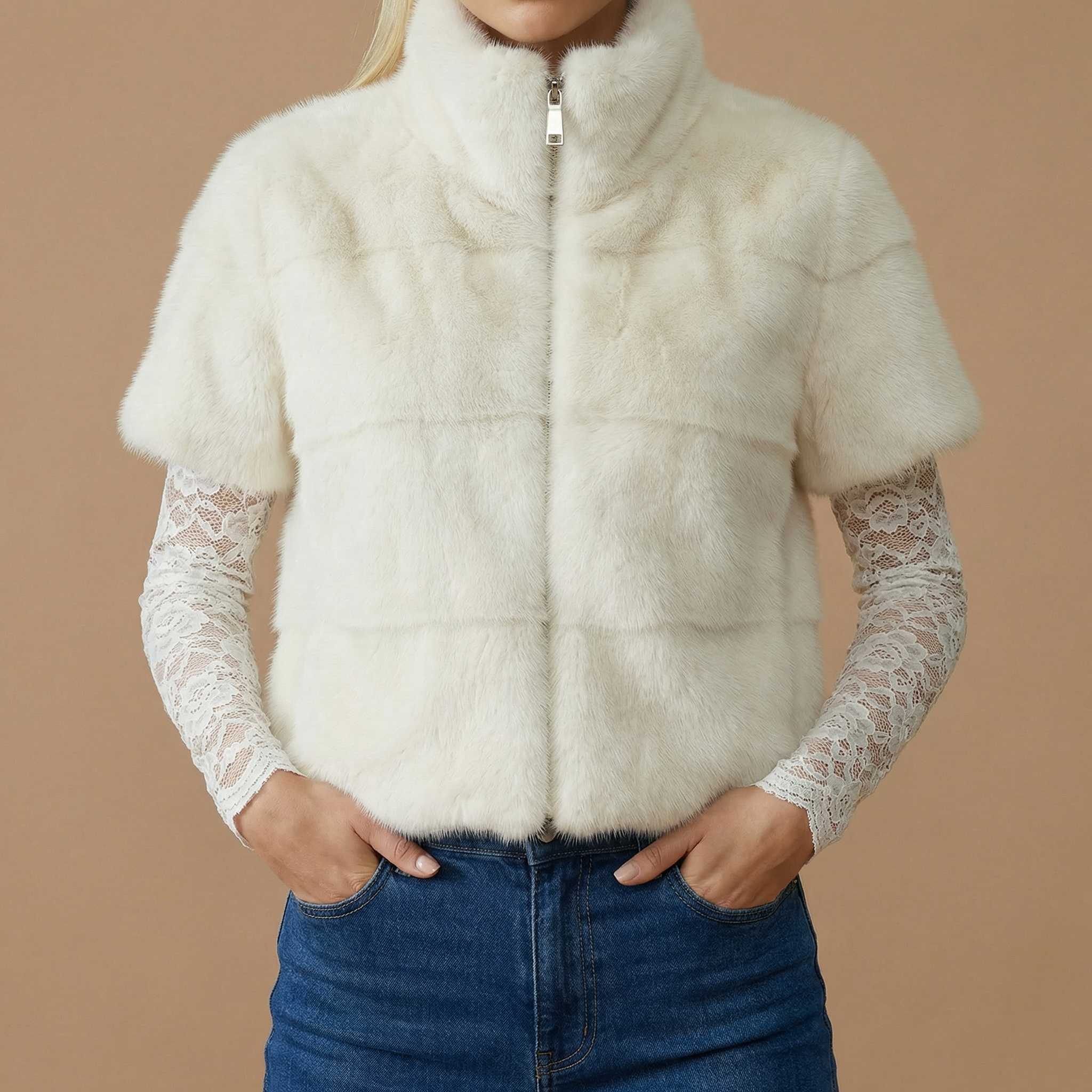Nola – Faux Fur Short Sleeve Jacket with Zip