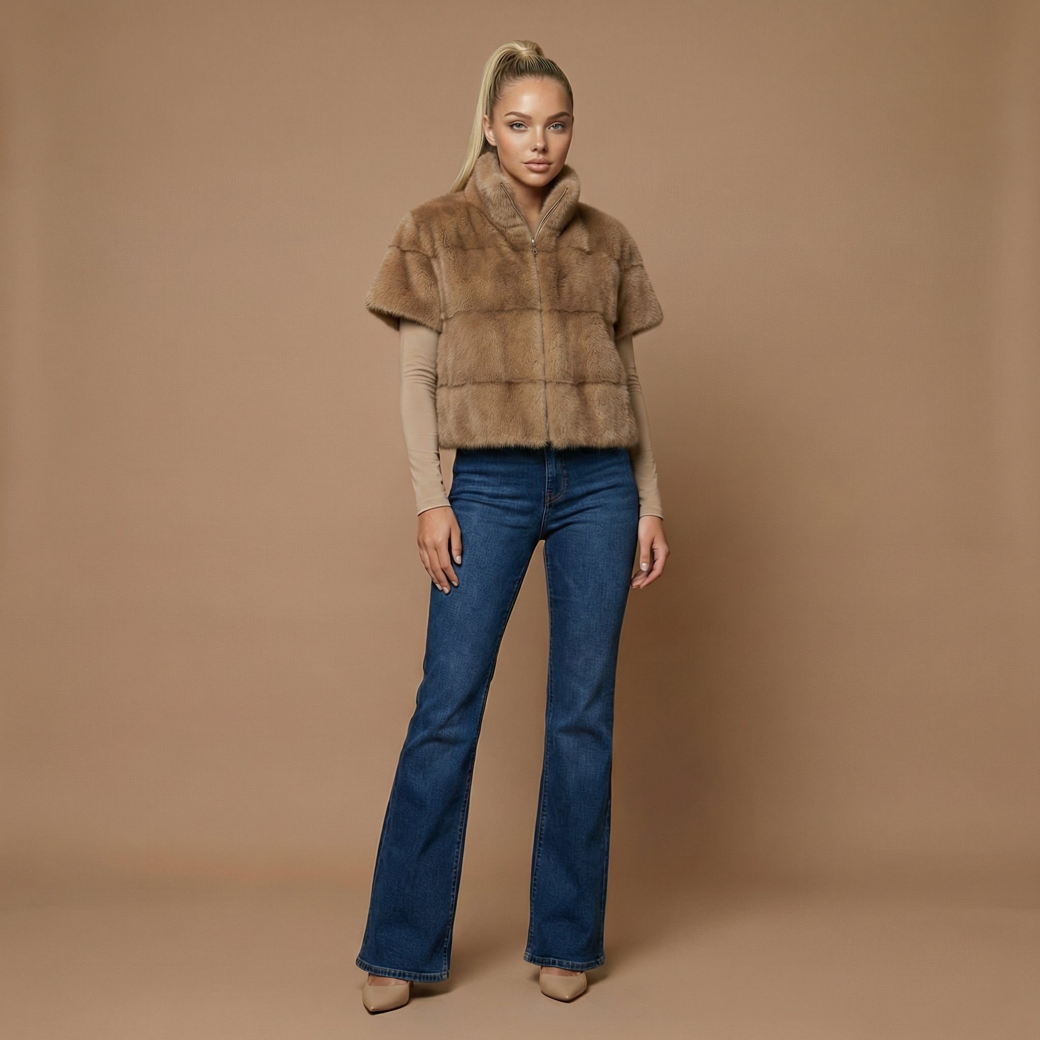 Nola – Faux Fur Short Sleeve Jacket with Zip